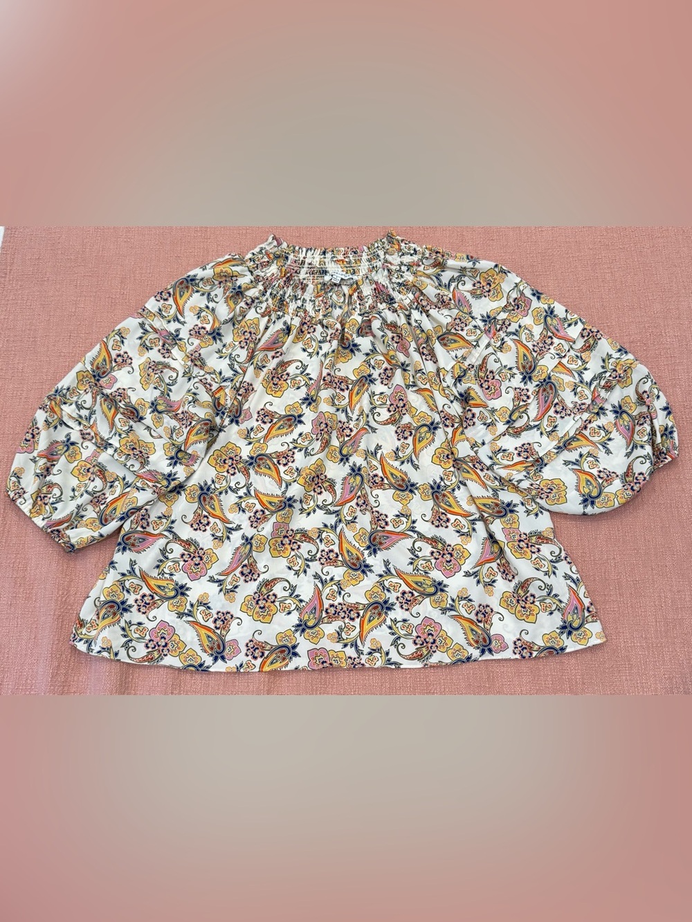 Rose & Olive large wm’s cream Paisley Floral Smocked-Neck Blouse